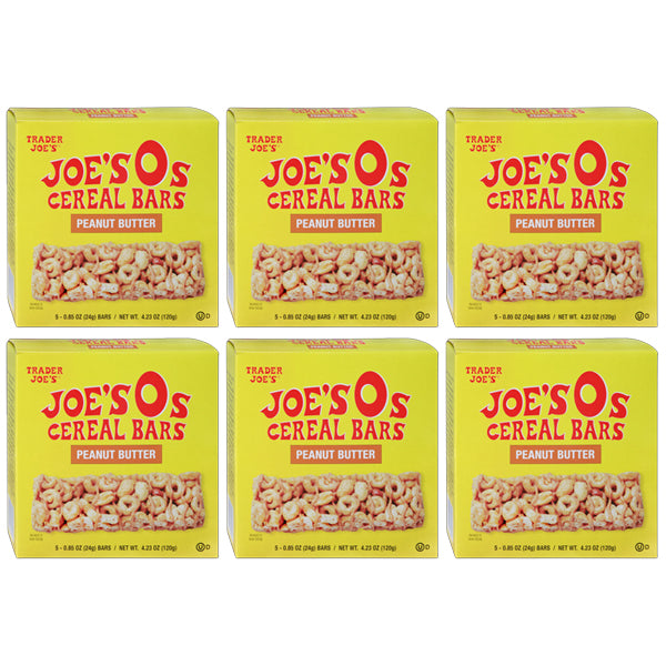 Six packs of Trader Joes Joes Os Cereal Bars Peanut Butter (5 bars each) are neatly arranged in two rows of three against a white background.